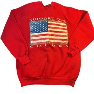 VTG Fruit of the Loom Red American Flag Support Our Colors Sweatshirt Mens L